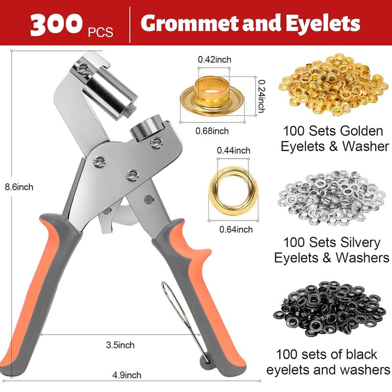 SBGGRL Grommet Tool kit, 3/8 Inch Heavy Duty Eyelets Pliers with 300 pcs 10mm Metal Grommet Set (Gold, Black, Silver) for Tarps, Fabric, Leather, Tents, Vinyl, Canvas - Image 3